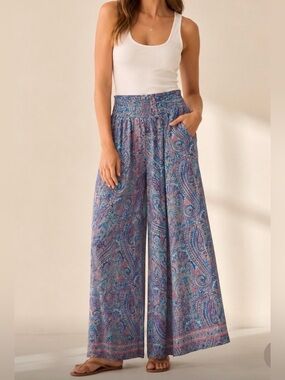 Rhea Smocked Waist Paisley Wide Leg Pants NWT